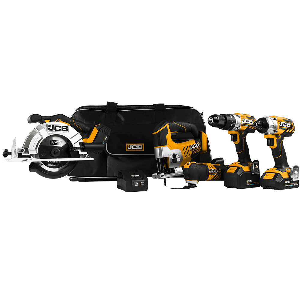 bundle photo of all products including combi drill, impact driver, multi tool, circular saw, jigsaw, batteries  and kit bag