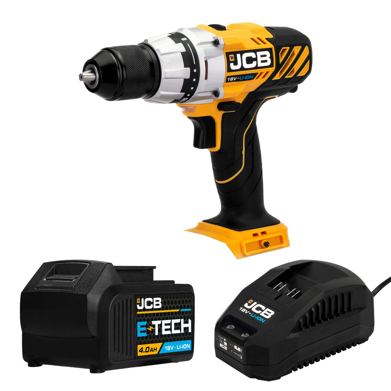 JCB 18V Cordless Drill Driver 4.0Ah Li-Ion Battery, 2.4A Charger, 13mm 1/2" Keyless Chuck  | JCB-18DD-4XB