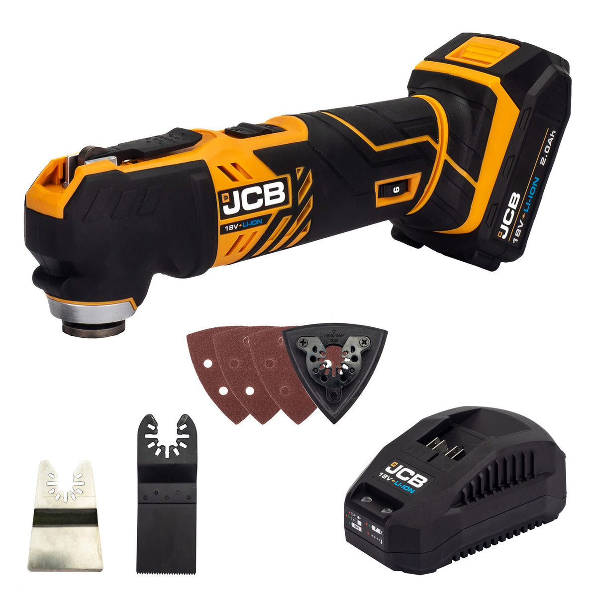 JCB 18V Cordless Multi Tool, 2.0Ah Li-Ion Battery and 2.4A Charger | JCB-18MT-2X-B