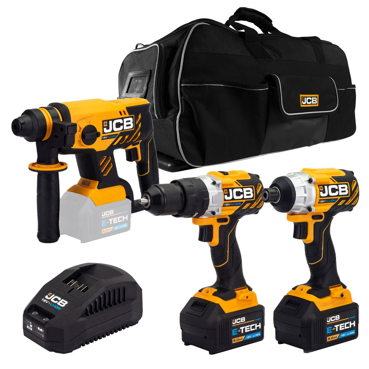 JCB 18V Brushless Combi Drill, Impact Driver & Hammer Drill Kit, 2 x 5Ah Li-Ion Batteries, Charger and 26'' Kit Bag| 21-18BL3PK-5