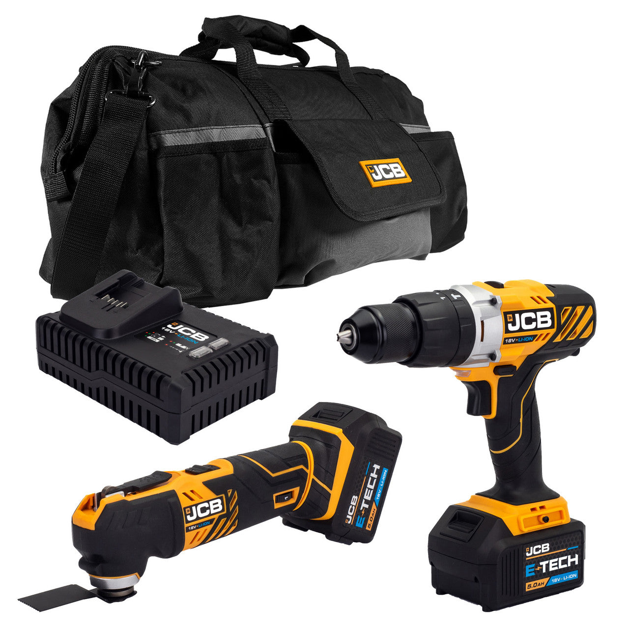 JCB 18V Combi Drill Multi Tool Kit 2x 5.0ah super fast charger in 20" kit bag | 21-18MTCD-5