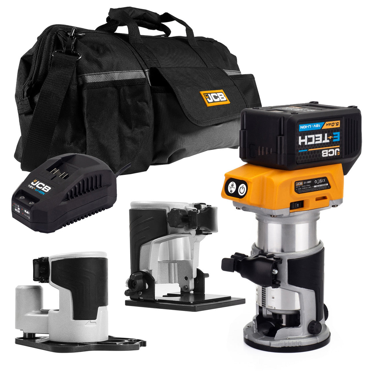 JCB 18V Cordless Router Kit with 3x Bases (Trimmer, Offset, Incline), 5 ...