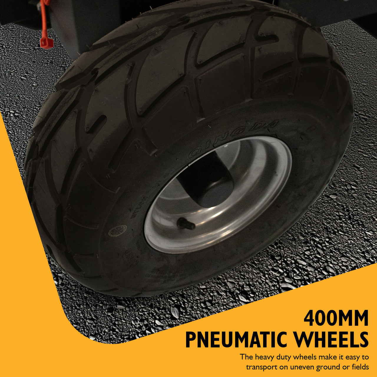 400mm Pneumatic Wheels - the heavy duty wheels make it easier to transport on uneven grounds or fields