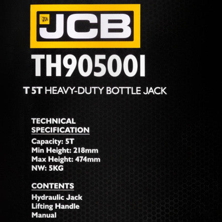 Key Features of the JCB 5 Tonne Heavy-Duty Automotive Hydraulic Bottle Jack, 474mm Maximum Lift | JCB-TH905001