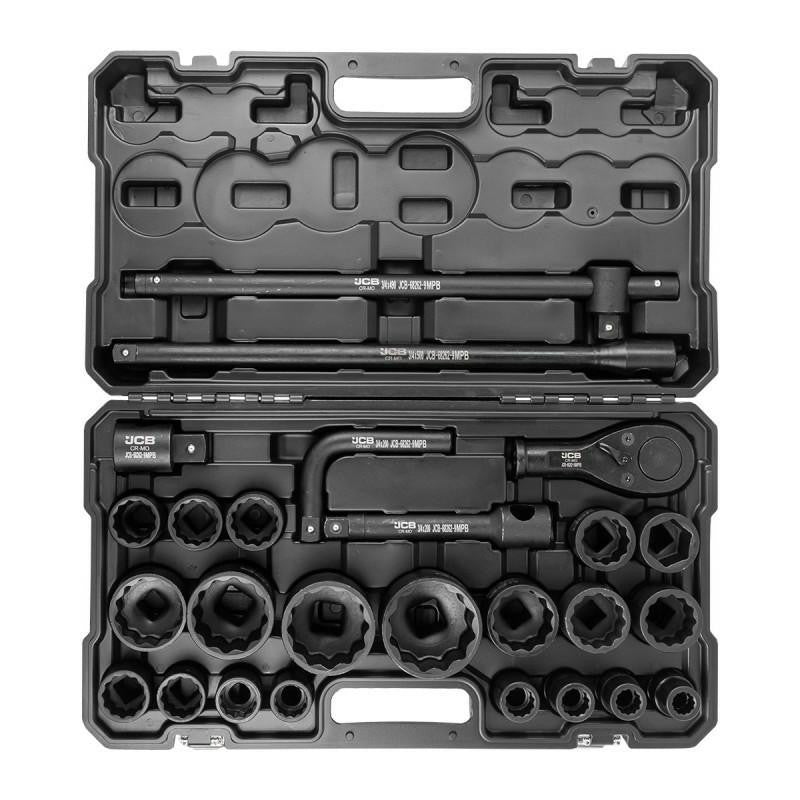 The JCB Impact Socket Set with 3/4" Drive, JCB-68262-9MPB, is a comprehensive 26-piece tool kit featuring impact sockets, a ratchet, extension bars, and a handle.