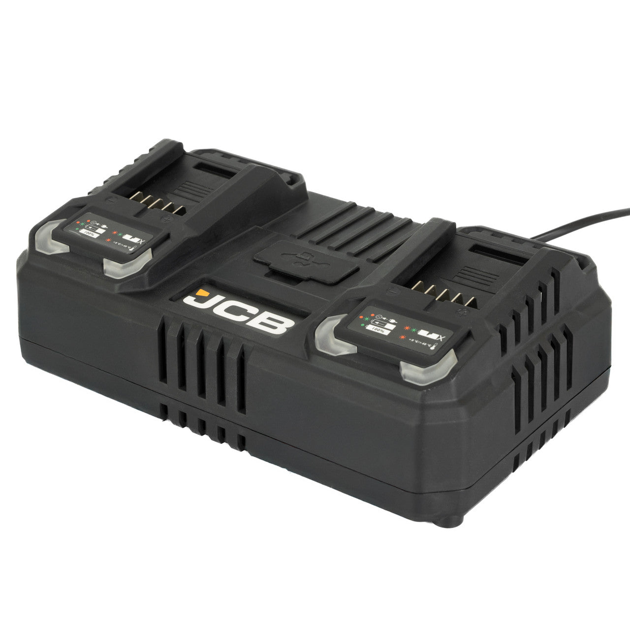 Charge-up your JCB 18V Lithium-ion batteries with the JCB next-generation 4.5A Dual Port Fast Charger.