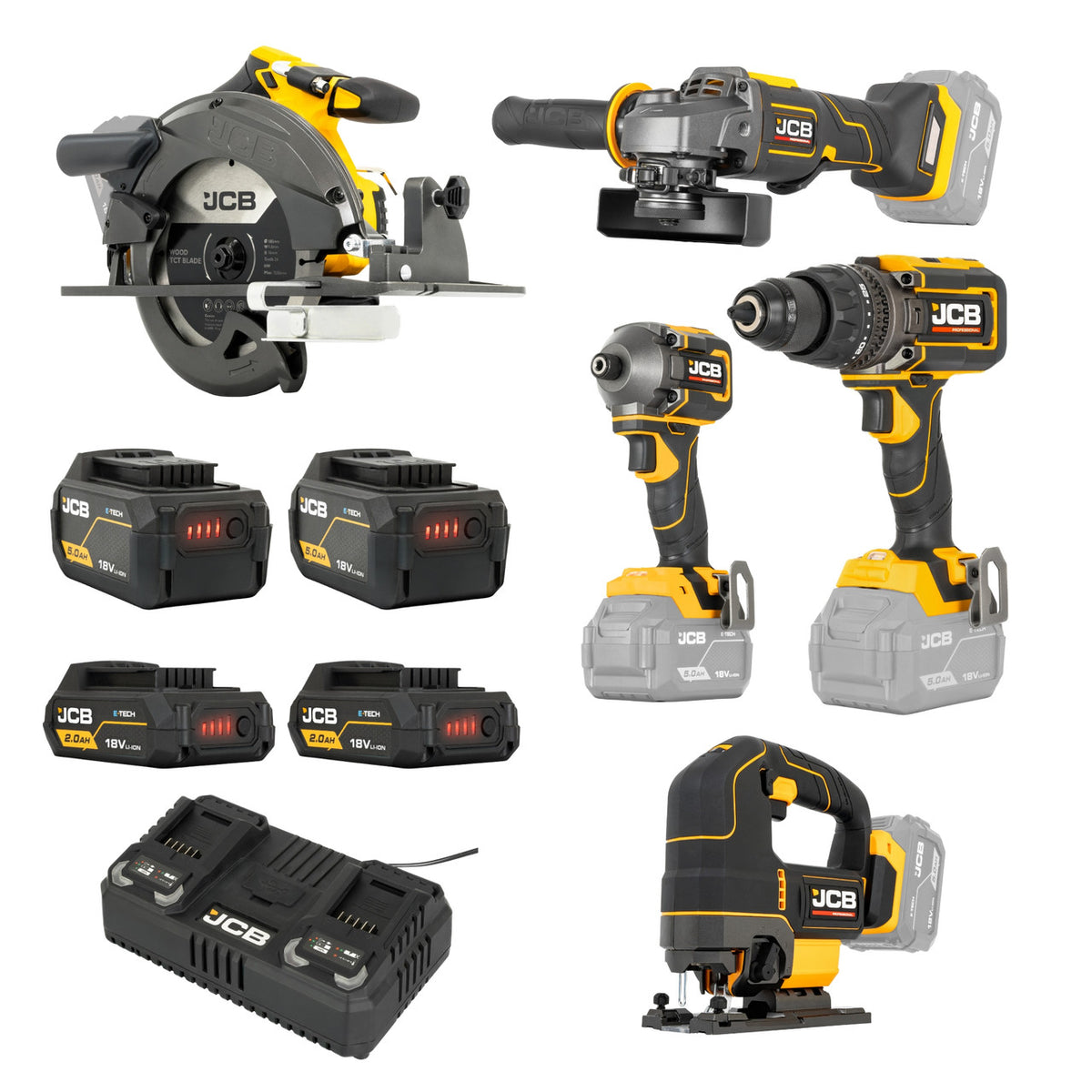 JCB Pro 18V 5-Piece Pro Kit, Combi Drill (160Nm), Impact Driver (230Nm), Circular Saw (185mm), Angle Grinder (115mm), Jigsaw, 2x2Ah & 2x5Ah Batteries, Dual 4.5A Fast Charger & Soft Tool Bag | JCB-18PKIT-8