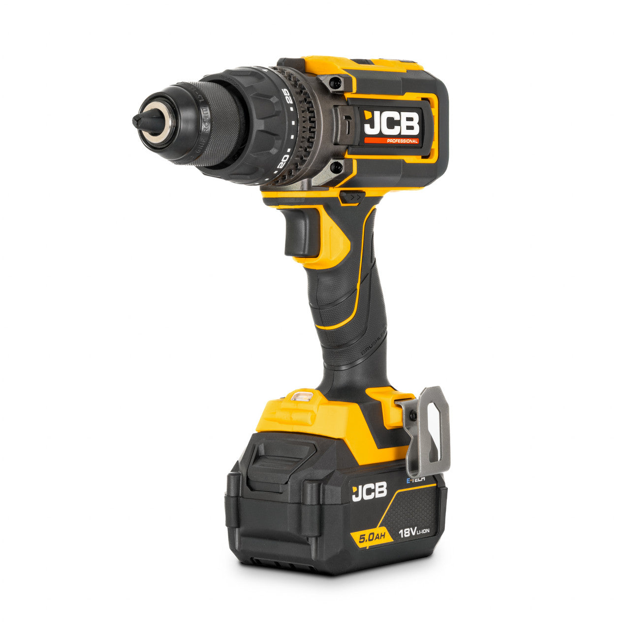 JCB Pro 18V Combi Drill 160Nm, Brushless, Anti-Kickback & Variable Speed, 25+3 Torque, 2x 5.0Ah Lithium-ion Batteries & 4.5A Charger | JCB-18PCD-160-5