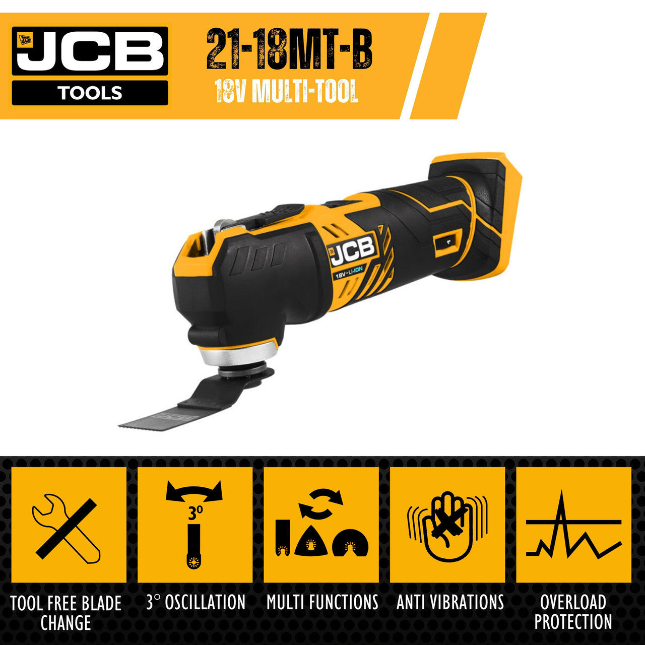 JCB 18V Cordless Multi-Tool, 2-5.0AH Li-Ion Battery Options, Quick Change Blade | 21-18MT-B - Bare Unit
