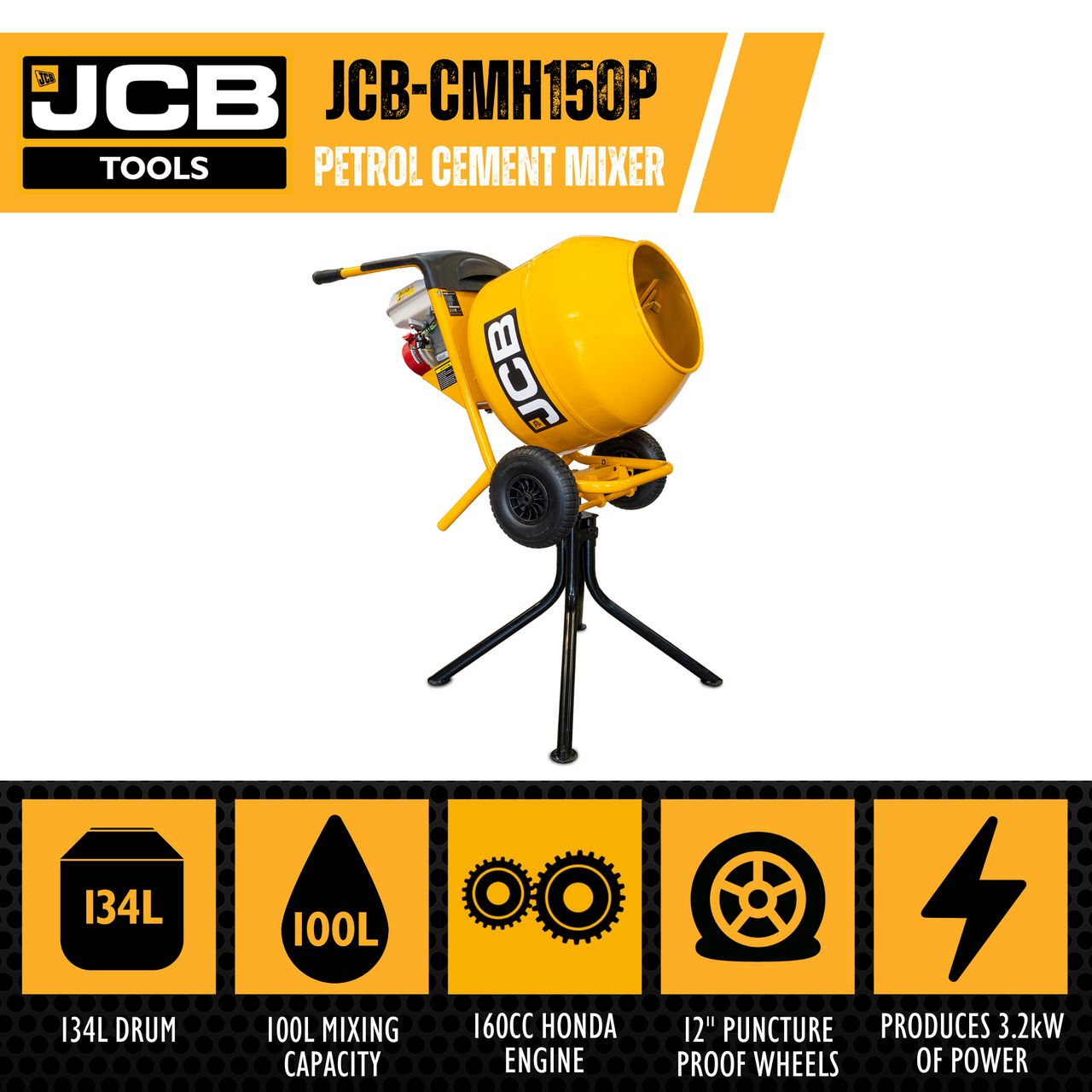 JCB Cement Mixer Honda GX160 Petrol Engine 134L Seam Welded Drum 100L Working Capacity | JCB-CMH150P