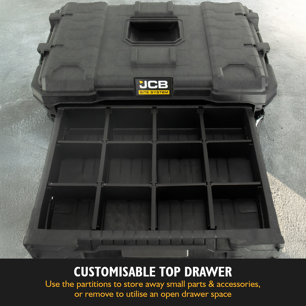 Customisable Top Drawer - use the partitions the store away small parts and accessories, or  remove to utilise  an open drawer space