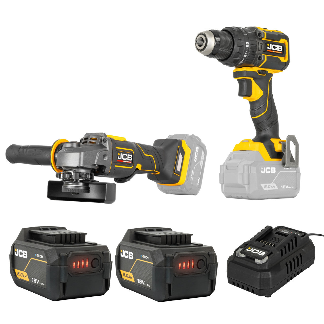 JCB Pro 18V Pro, 75Nm Combi Drill, 115mm Angle Grinder, 2x 5.0Ah Li-ion Batteries & 4.5A Fast Charger (with Soft Tool Bag) | JCB-18PKIT-4
