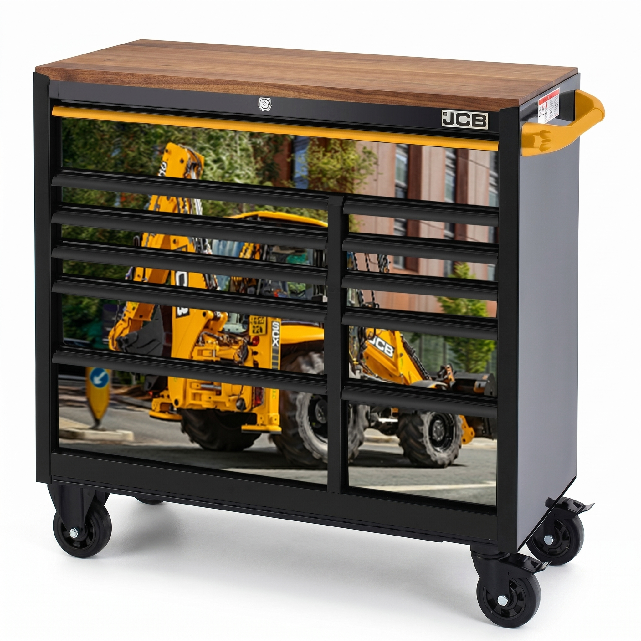 JCB 42’’ Roller Tool Cabinet, 11 Drawers, Steel with Hardwood Worktop and Backhoe Loader Wrap | JCBBHLRCBB