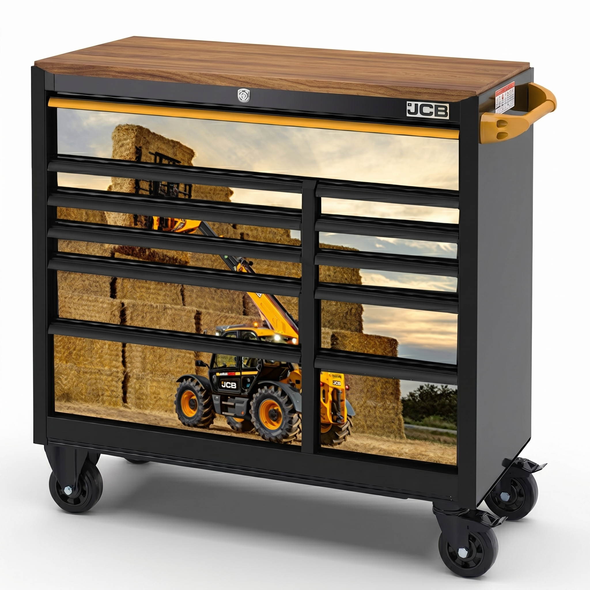JCB 42’’ Roller Tool Cabinet, 11 Drawers, Steel with Hardwood Worktop and Telehandler Wrap | JCBTLHRCBB