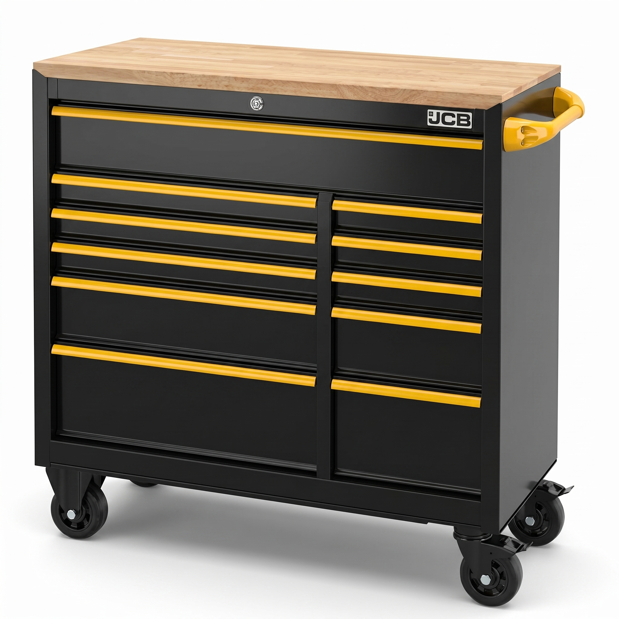JCB Classic Design 42’’ Roller Tool Cabinet, 11 Drawers, Steel with Hardwood Worktop | JCBRCBB