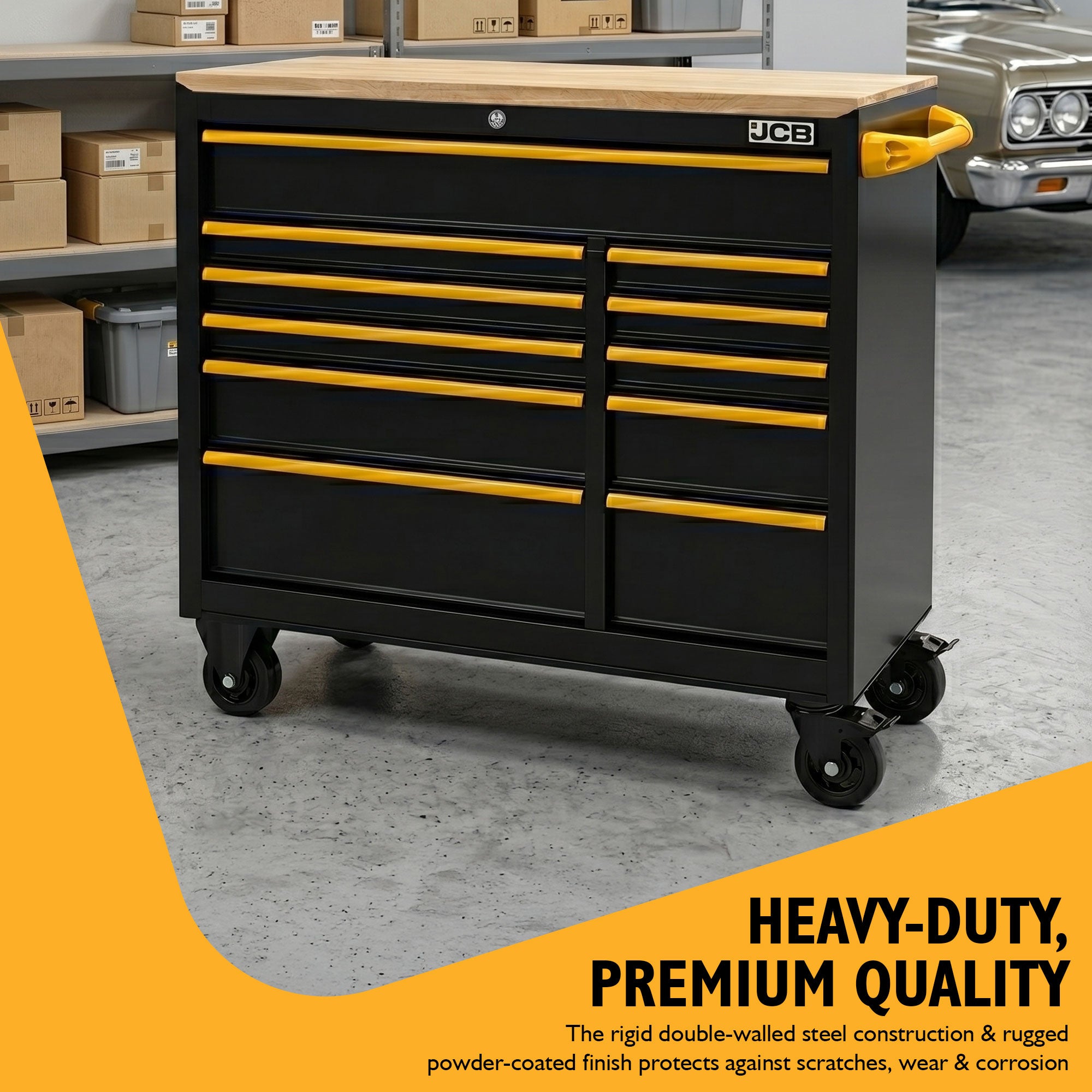 JCB Classic Design 42’’ Roller Tool Cabinet, 11 Drawers, Steel with Hardwood Worktop | JCBRCBB