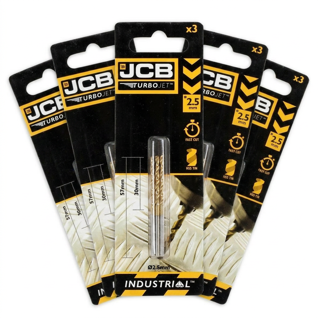 JCB 2.5 x 57mm 7 Point HSS Drill Bit Set , Set of 3 TurboJet (5 Pack) | 5055803318673-X5