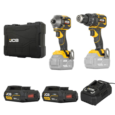 JCB Pro 18V Kit, 75Nm Combi Drill, Impact Driver, 2x 5.0Ah Batteries & 4.5A Fast Charger (in Carry Case) | JCB-18PKIT-2