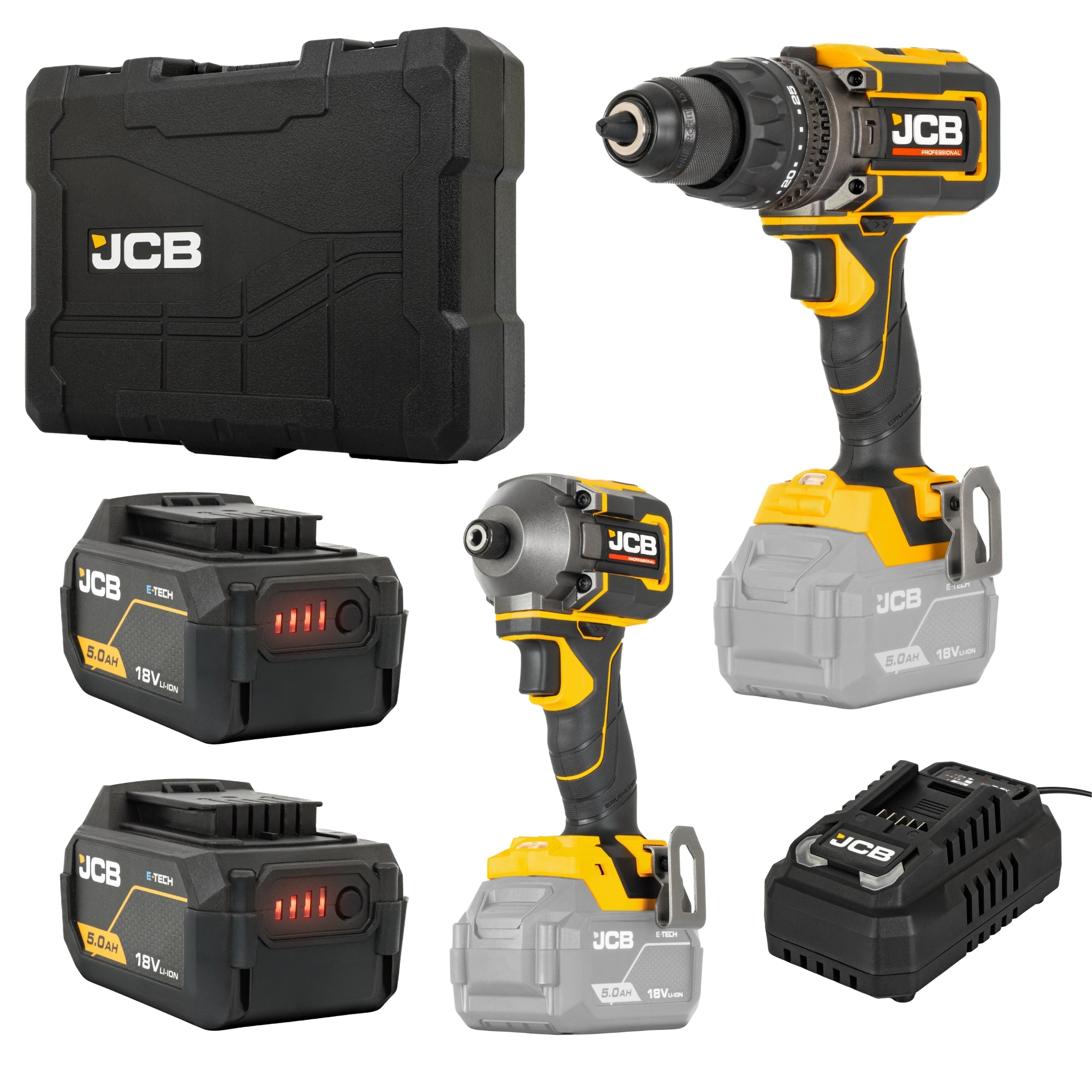 JCB Pro 18V Kit, 160Nm Combi Drill, 230Nm Impact Driver, 2x 5.0Ah Batteries & 4.5A Fast Charger (in Carry Case) | JCB-18PKIT-3