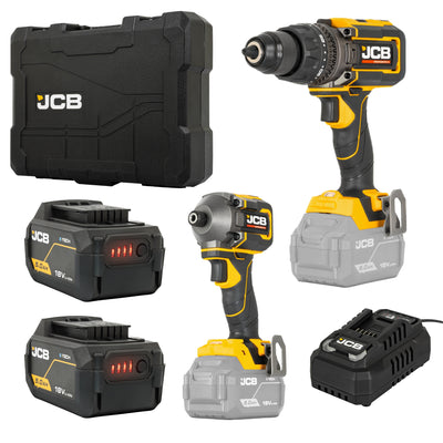 JCB Pro 18V Kit, 160Nm Combi Drill, 230Nm Impact Driver, 2x 5.0Ah Batteries & 4.5A Fast Charger (in Carry Case) | JCB-18PKIT-3