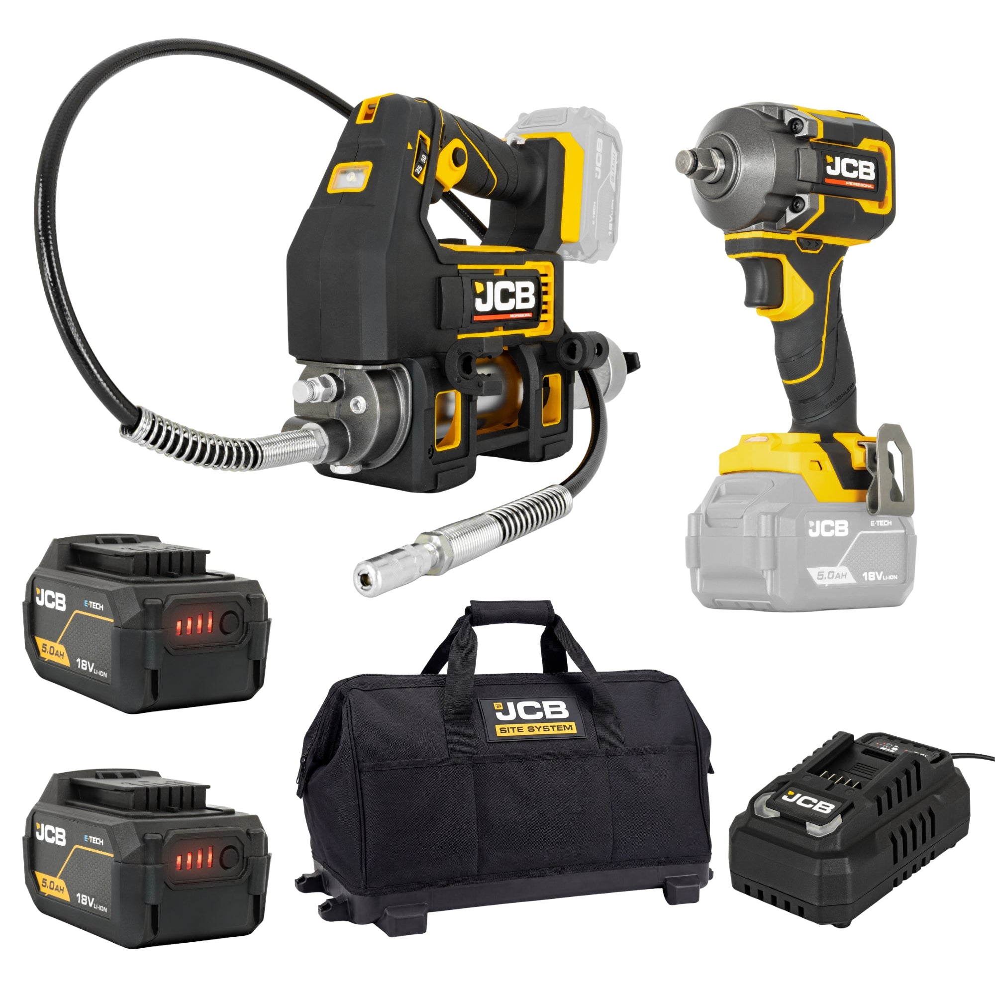 JCB Pro 18V Kit ½” Impact Wrench, Grease Gun, 2x 5.0Ah Batteries & 4.5A Fast Charger (with Soft Tool Bag)| JCB-18PKIT-5