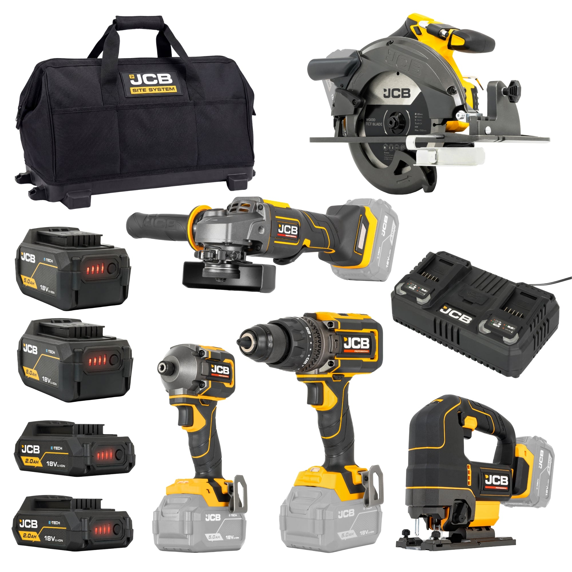 JCB Pro 18V 5-Piece Pro Kit, Combi Drill (160Nm), Impact Driver (230Nm), Circular Saw (185mm), Angle Grinder (115mm), Jigsaw, 2x2Ah & 2x5Ah Batteries, Dual 4.5A Fast Charger & Soft Tool Bag | JCB-18PKIT-8