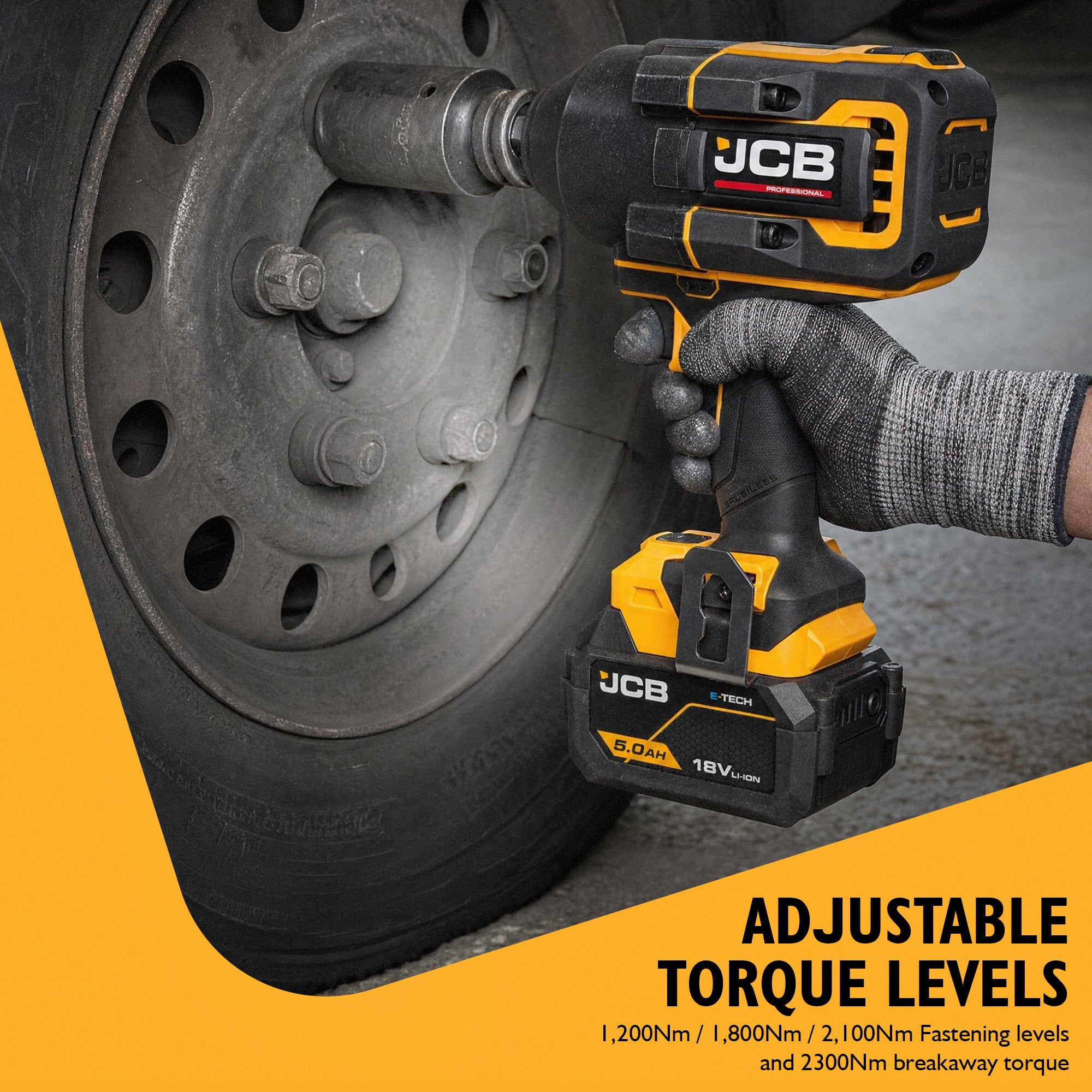 JCB Pro 2,300Nm, 1" Drive, 18V Impact Wrench, Brushless, 2,100Nm Fastening Torque | JCB-18PIW-2300