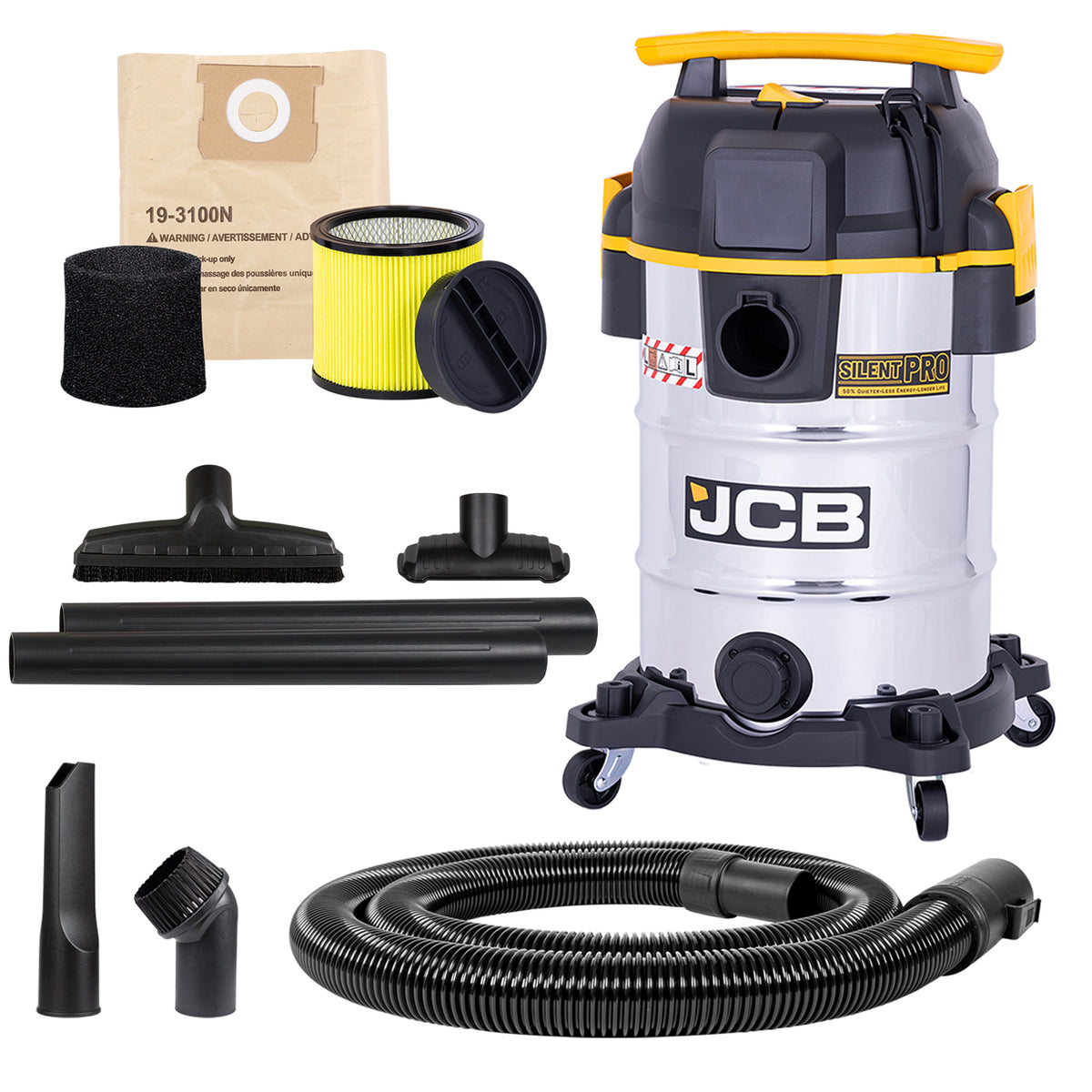 JCB, Silent Pro 30L L-Class Stainless Steel Wet & Dry Vacuum Cleaner, 65dB(A) | JCB-SVACS-30L