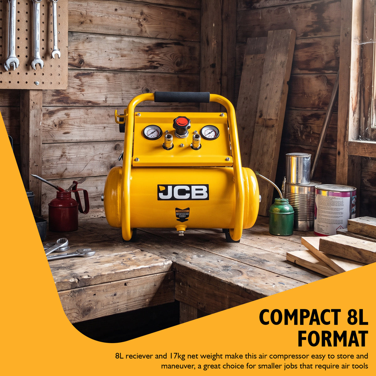 JCB Silent Pro 8L Oil-Free Air Compressor, 8 Bar & 131L/min Displacement | JCB-OFAC-8H