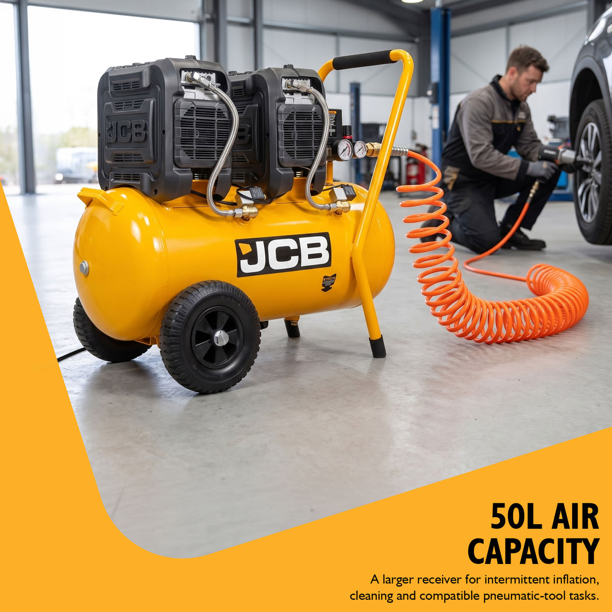 JCB Silent Pro 50L Oil-Free Air Compressor, 8 Bar & 300L/min Displacement | JCB-OFAC-50H