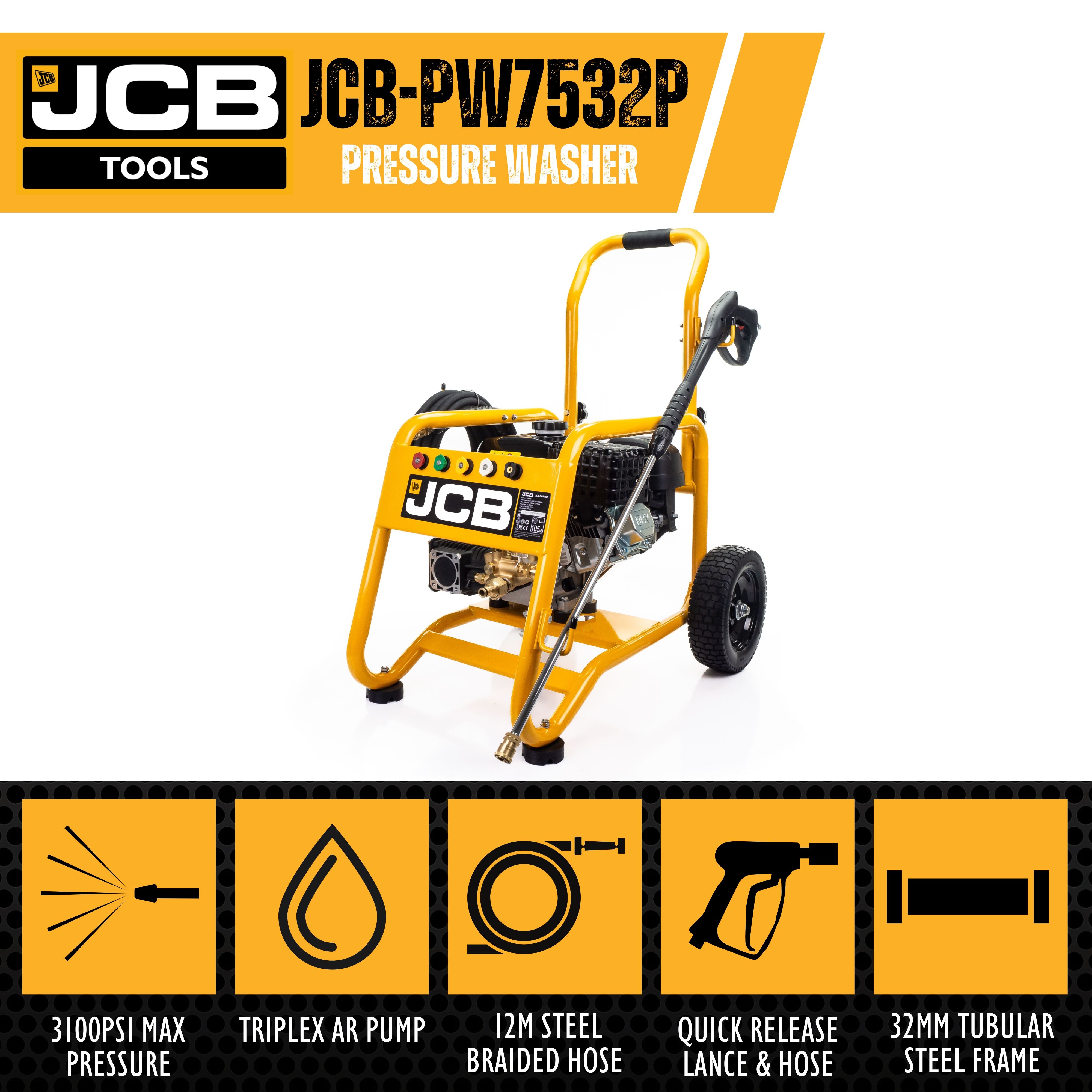 JCB PETROL PRESSURE WASHER 3100PSI / 213BAR, 7.5HP JCB ENGINE, TRIPLEX AR PUMP, 10.7L/MIN FLOW RATE | JCB-PW7532P